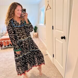 Warm NY Black Ikat Colorful Block Printed Long Sleeve Maxi Dress Small